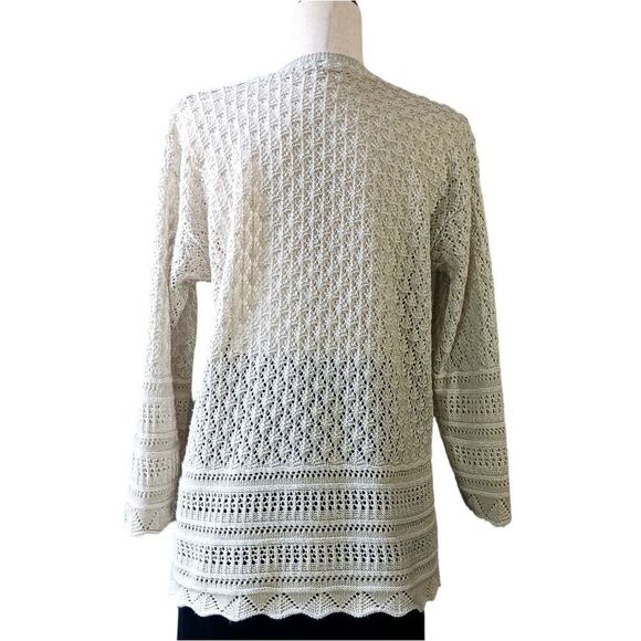 VINTAGE Open Knit Sweater Scalloped Edges Lacey Cotton Silvered Ivory Size L - Picture 5 of 11